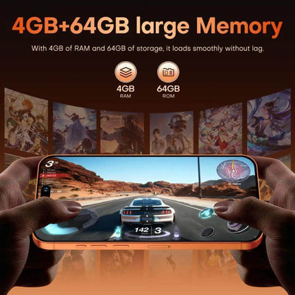 I17 Pro Max Android Smartphone for Everyday Use with Large Screen showing gameplay on large display and 4GB+64GB memory banner