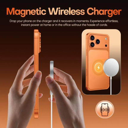 I17 Pro Max Android Smartphone for Everyday Use with Large Screen shown with magnetic wireless charger and hands placing phone on charger