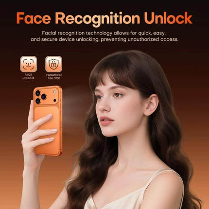 I17 Pro Max Android Smartphone for Everyday Use with Large Screen showing face recognition unlock feature and woman holding orange phone