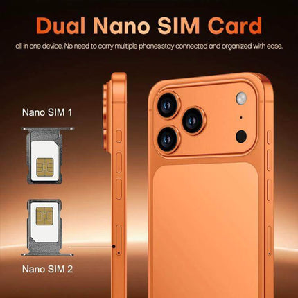 I17 Pro Max Android Smartphone for Everyday Use with Large Screen showing orange phone back, triple camera and dual nano SIM slots
