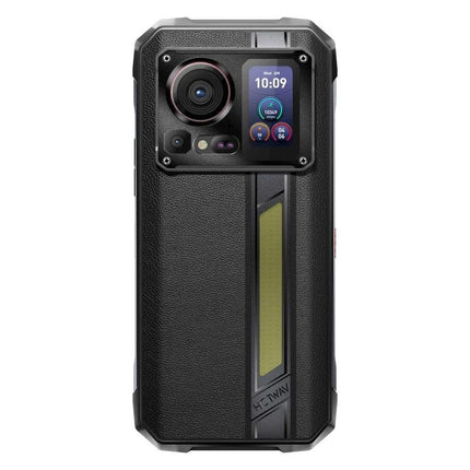 HOTWAV Rugged Phone for Everyday Outdoor Activities showing black rugged back, large camera module, secondary display and textured grip