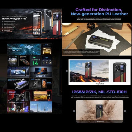 HOTWAV Rugged Phone for Everyday Outdoor Activities showcasing rugged design, 10800mAh battery, IP68/IP69K durability and outdoor use