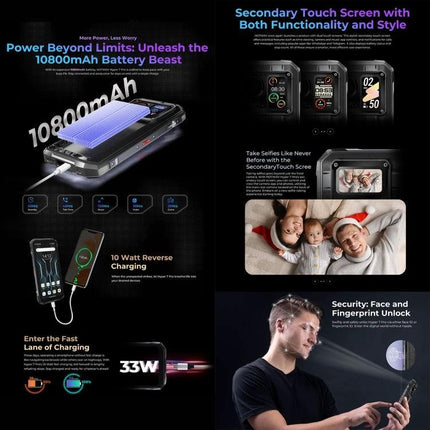 HOTWAV Rugged Phone for Everyday Outdoor Activities showing 10800mAh battery, dual touch screens, fast 33W charging and face/fingerprint unlock