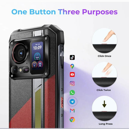 HOTWAV Rugged Phone for Everyday Outdoor Activities showing rear camera, side programmable button with click once/click twice/long press functions