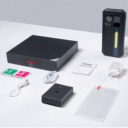 HOTWAV Rugged Phone for Everyday Outdoor Activities unboxed with accessories, charger, cable, manual and screen protector