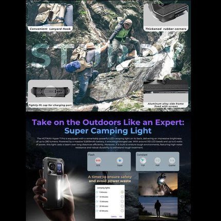 HOTWAV Rugged Phone for Everyday Outdoor Activities showing hikers using durable phone with long‑lasting 10800mAh battery and rugged features