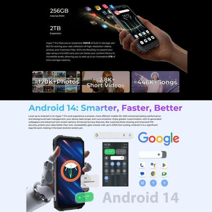 HOTWAV Rugged Phone for Everyday Outdoor Activities shown with Android 14 features, 10800mAh battery and large storage icons
