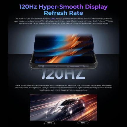 HOTWAV Rugged Phone for Everyday Outdoor Activities showing 120Hz hyper-smooth display with phone and fast car image