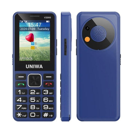 UNIWA V2000 Simple Elder Keypad Phone with SOS Feature – blue basic keypad phone with large buttons, 2.4-inch IPS screen and rear SOS speaker