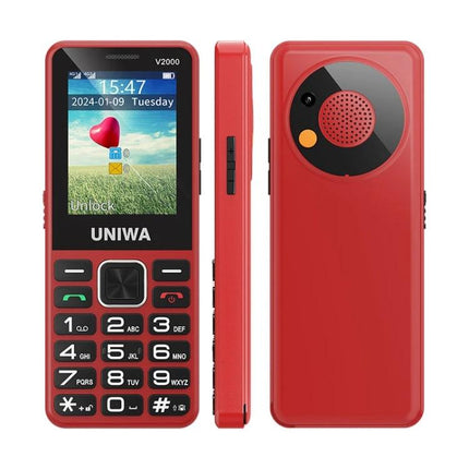 UNIWA V2000 Simple Elder Keypad Phone with SOS Feature showing front, side, and back views in red with large keys and SOS button