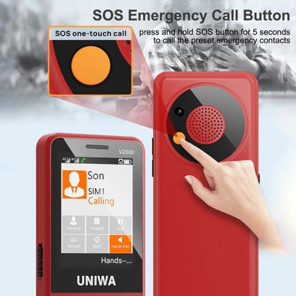UNIWA V2000 Simple Elder Keypad Phone with SOS Feature showing red phone back with large orange SOS button and front display calling screen