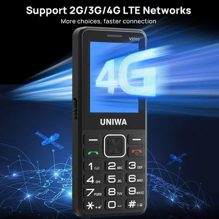 UNIWA V2000 Simple Elder Keypad Phone with SOS Feature showing 4G support, large buttons, 2.4-inch IPS screen and SOS emergency button
