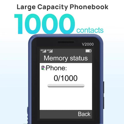UNIWA V2000 Simple Elder Keypad Phone with SOS Feature showing large 1000-contact phonebook and memory status screen