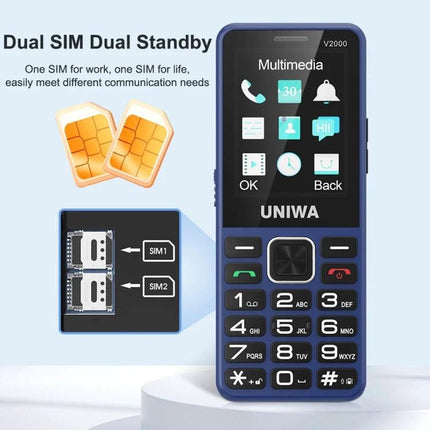 UNIWA V2000 Simple Elder Keypad Phone with SOS Feature — blue dual SIM basic keypad phone with 2.4-inch IPS, large buttons and SOS button for seniors