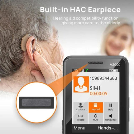 UNIWA V2000 Simple Elder Keypad Phone with SOS Feature showing built-in HAC earpiece, large screen icons, keypad and SOS safety function