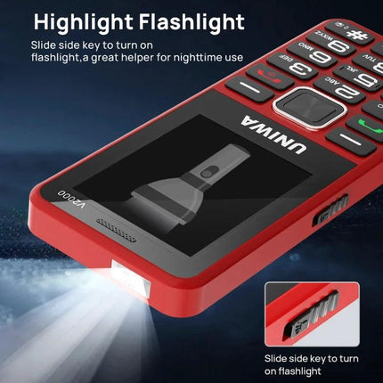 UNIWA V2000 Simple Elder Keypad Phone with SOS Feature showing red keypad phone with flashlight on and slide side key