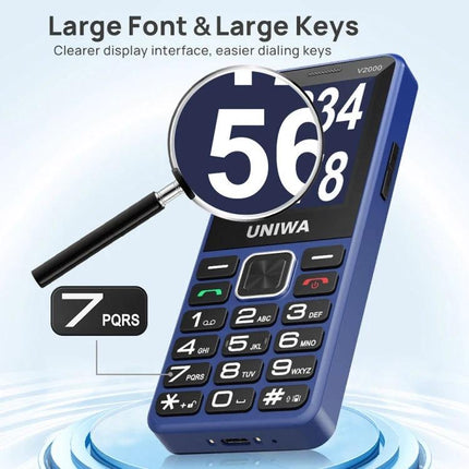 UNIWA V2000 Simple Elder Keypad Phone with SOS Feature showing large-font 2.4-inch screen and oversized keys for easy dialing and SOS use