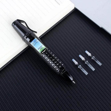 Clip-On Recording Pen for Audio Notes and Basic Communication — black clip-on pen recorder with keypad and display beside notebook and audio tips