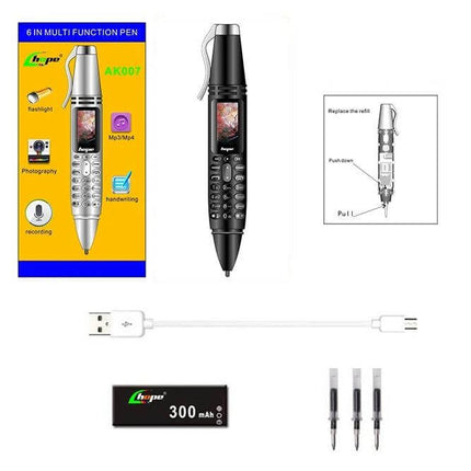 Clip-On Recording Pen for Audio Notes and Basic Communication shown with accessories, USB cable, battery, and replacement nibs