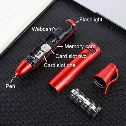 Clip-On Recording Pen for Audio Notes and Basic Communication showing disassembled red pen camera, memory card, battery and labeled card slots (compact 137x21mm, 27g)
