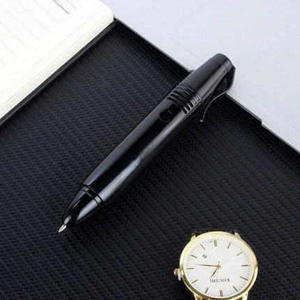 Clip-On Recording Pen for Audio Notes and Basic Communication — compact black clip-on recorder pen on desk next to notebook and watch