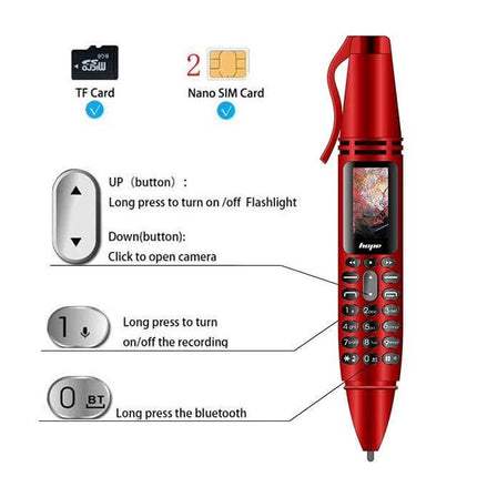 Clip-On Recording Pen for Audio Notes and Basic Communication - red clip-on voice recorder pen with keypad, TF slot and nano SIM, flashlight and camera controls