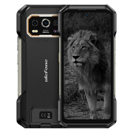 Ulefone Rugged Smartphone for Everyday Outdoor Use showing rugged black phone with dual cameras and lion wallpaper