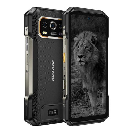 Ulefone Rugged Smartphone for Everyday Outdoor Use showing rugged black phone with dual cameras and lion wallpaper