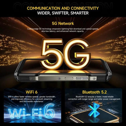 Ulefone Rugged Smartphone for Everyday Outdoor Use showing 5G, WiFi 6 and Bluetooth 5.2 connectivity features
