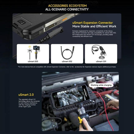 Ulefone Rugged Smartphone for Everyday Outdoor Use showing uSmart Expansion Connector accessories and in-use engine bay charging