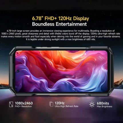 Ulefone Rugged Smartphone for Everyday Outdoor Use showing 6.78-inch FHD+ 120Hz display with rugged frame and vivid screen
