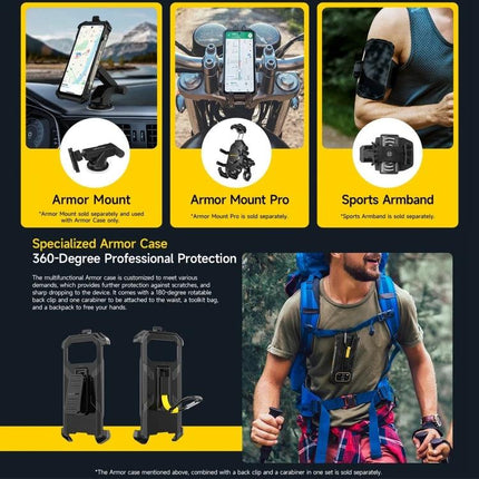 Ulefone Rugged Smartphone for Everyday Outdoor Use shown in armor mounts, armband and specialized armor case for hiking and outdoor work