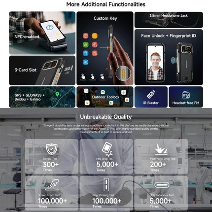 Ulefone Rugged Smartphone for Everyday Outdoor Use showing NFC, custom key, fingerprint, 3-card slot, GPS and rugged durability tests