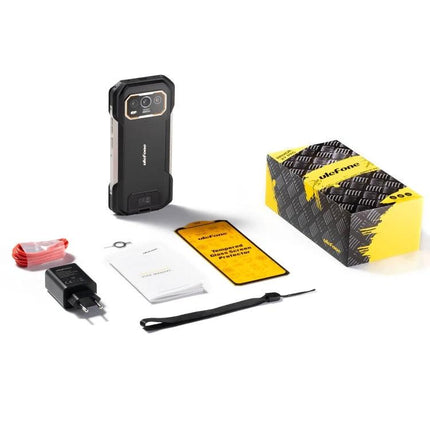 Ulefone Rugged Smartphone for Everyday Outdoor Use showing phone, accessories, charger, strap and retail box