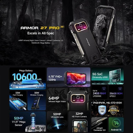 Ulefone Rugged Smartphone for Everyday Outdoor Use - Armor 27 Pro rugged phone with 64MP night vision camera, 10600mAh battery, 6.78" FHD+ 120Hz display