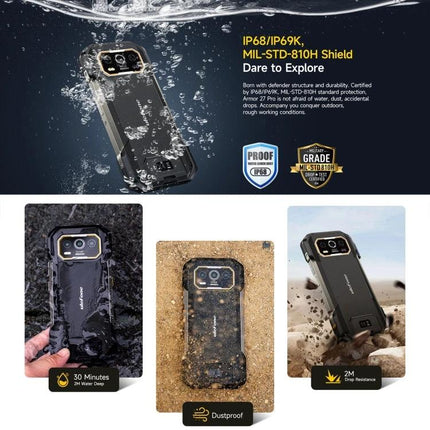 Ulefone Rugged Smartphone for Everyday Outdoor Use shown waterproof, dustproof, and drop-resistant in outdoor action shots