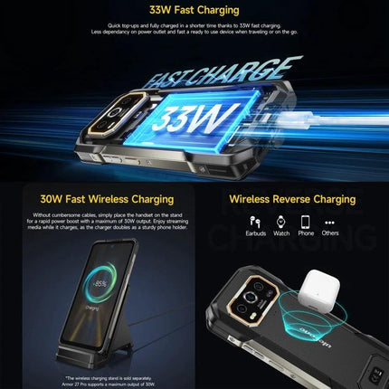 Ulefone Rugged Smartphone for Everyday Outdoor Use showcasing 33W fast charging, wireless charging and reverse charging features