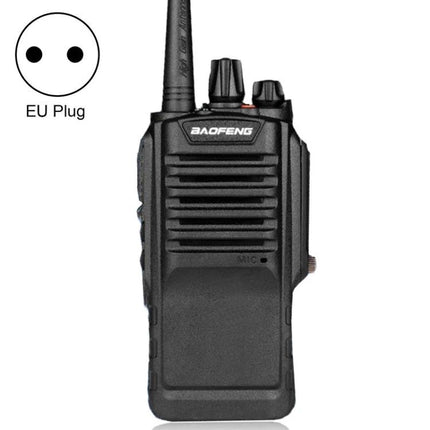 BaoFeng Portable Handheld Walkie Talkie for Everyday Communication showing compact black handheld radio with antenna and EU plug icon
