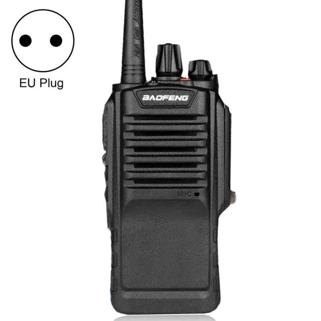 BaoFeng Portable Handheld Walkie Talkie for Everyday Communication showing compact black handheld radio with antenna and EU plug icon