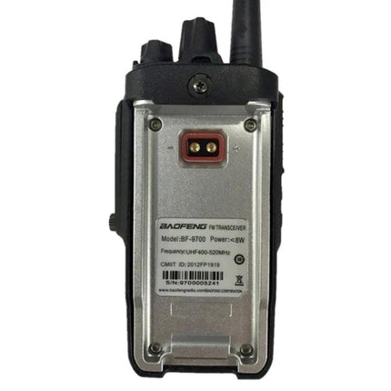 BaoFeng Portable Handheld Walkie Talkie for Everyday Communication rear view showing model label, antenna and compact casing