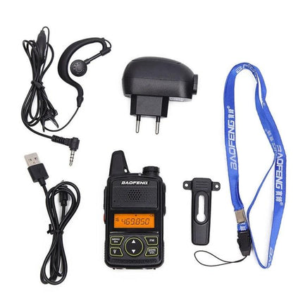 BaoFeng Portable Handheld Walkie Talkie for Everyday Use with UK Plug shown with headset, USB cable, UK charger, belt clip and lanyard