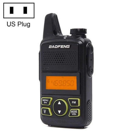 Alt Tag: BaoFeng BF-T1 Compact Handheld Walkie Talkie with US Plug black mini radio showing front buttons and US plug icon