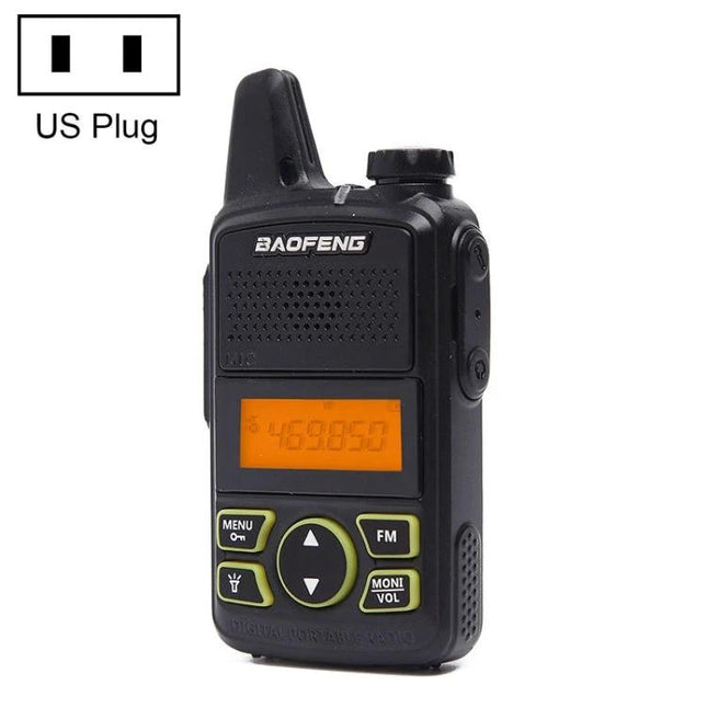 BaoFeng BF-T1 Compact Handheld Walkie Talkie with US Plug shown front view, mini pocket-size radio with orange display and US plug icon