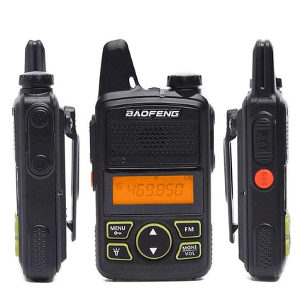 BaoFeng BF-T1 Compact Handheld Walkie Talkie with US Plug compact black radio with display and side views
