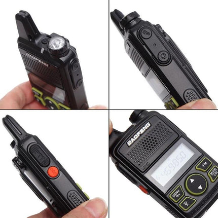 BaoFeng BF-T1 Compact Handheld Walkie Talkie with US Plug shown in four close-up views highlighting buttons, screen, and flashlight