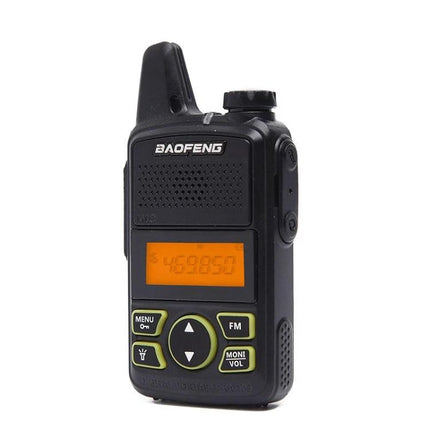 BaoFeng BF-T1 Compact Handheld Walkie Talkie for Everyday Use, pocket-size black portable radio with orange display and control buttons