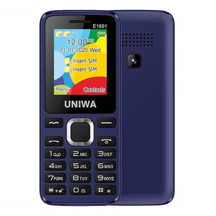 Compact Portable Phone for Music and Calls with Big Keys showing navy handset front and back, large keypad, color screen and built-in loudspeaker
