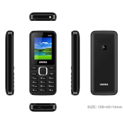 Compact Portable Phone for Music and Calls with Big Keys - black uniwa feature phone with large keys, loudspeaker and color screen, front and back views