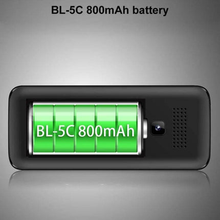 Compact Portable Phone for Music and Calls with Big Keys showing BL-5C 800mAh battery icon and built-in loudspeaker
