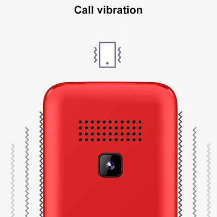 Compact Portable Phone for Music and Calls with Big Keys showing red handset back, loudspeaker grill and vibration indication